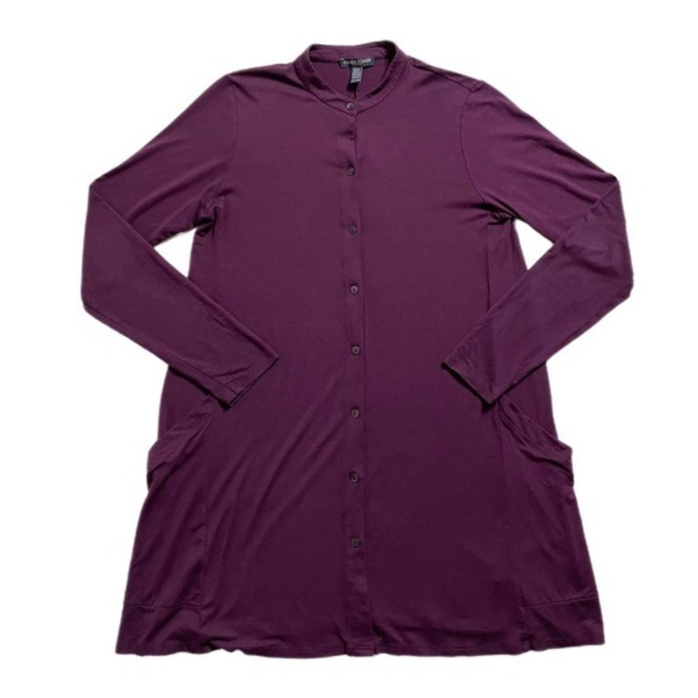 Eileen Fisher Purple Jersey Button Front Shirt Tunic w pockets PP Lagenlook